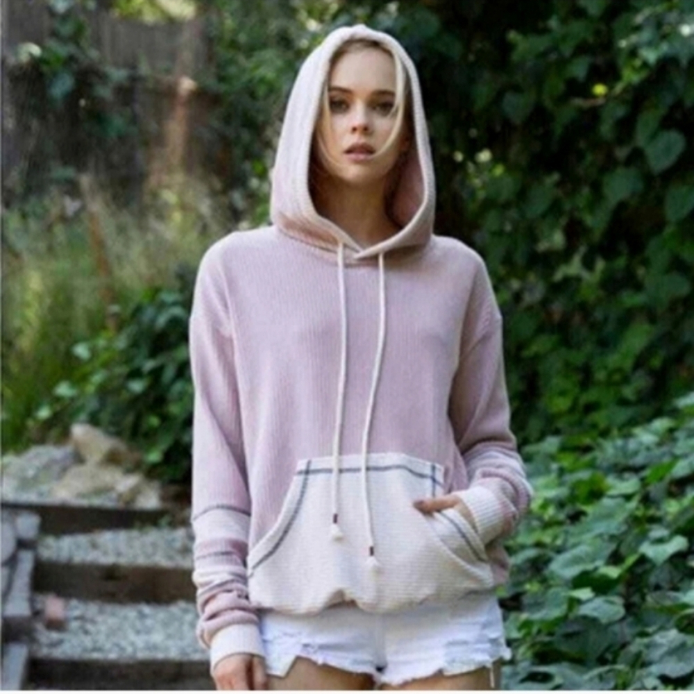 POL Mixed Media Waffle Knit Hoodie Pink White Oversized Size Medium